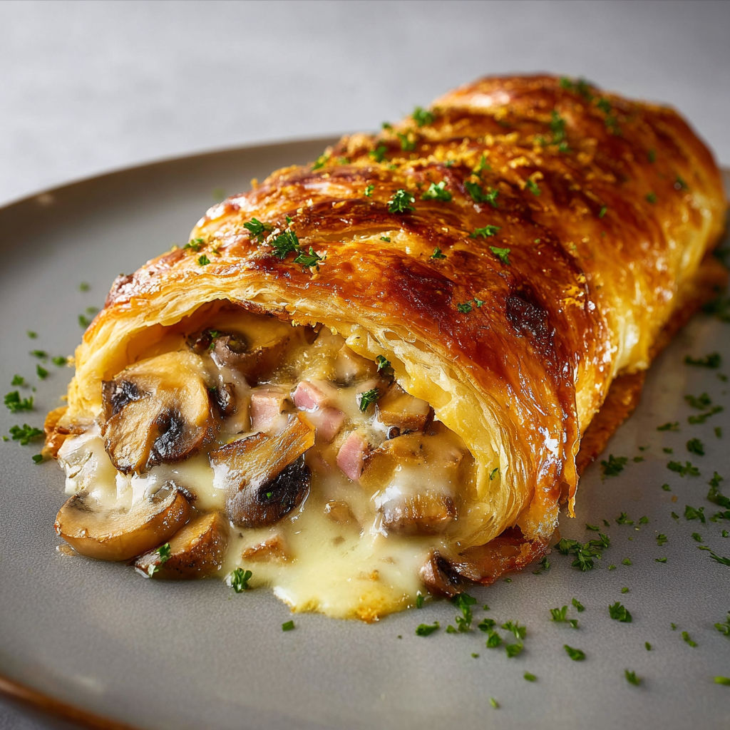 Une assiette de feuilleté doré rempli de champignons et jambon savoureux.