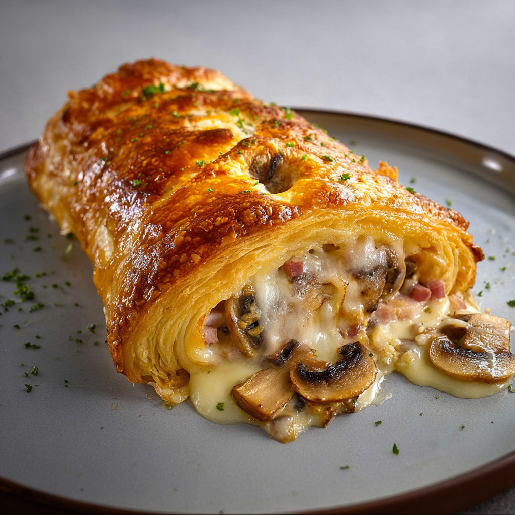 Plat de feuilleté ultra croustillant aux champignons et jambon sur plateau.