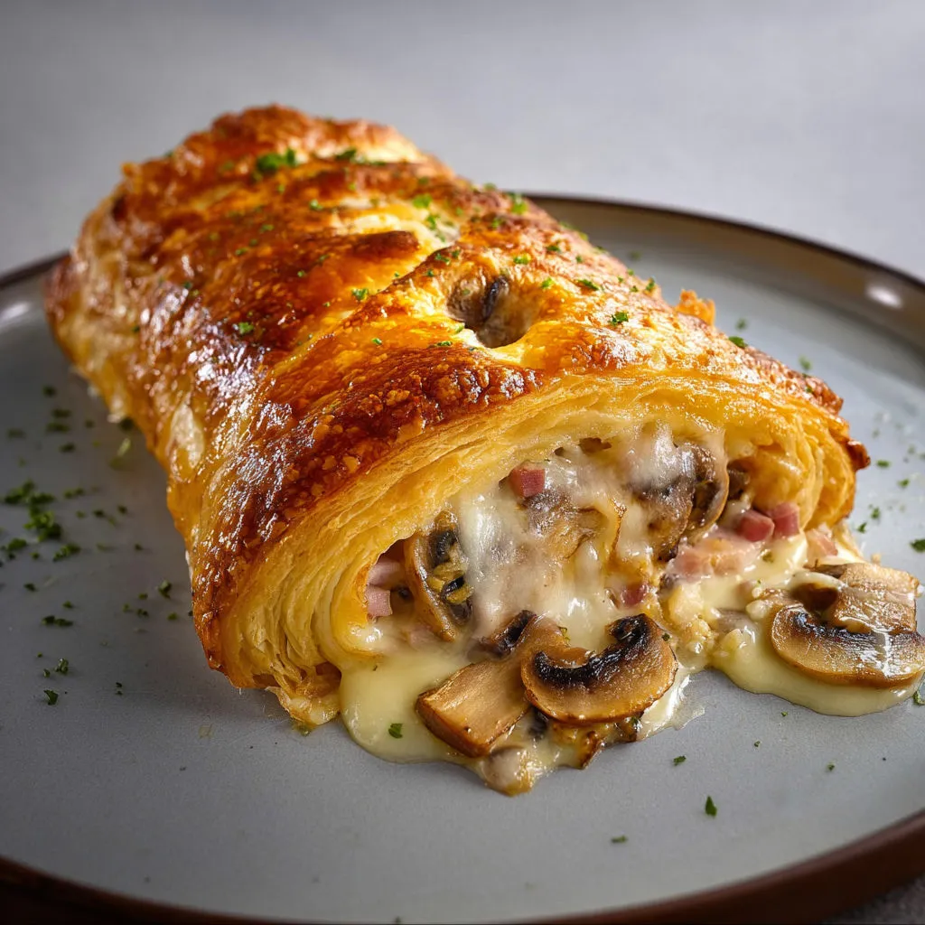 Plat de feuilleté ultra croustillant aux champignons et jambon sur plateau.