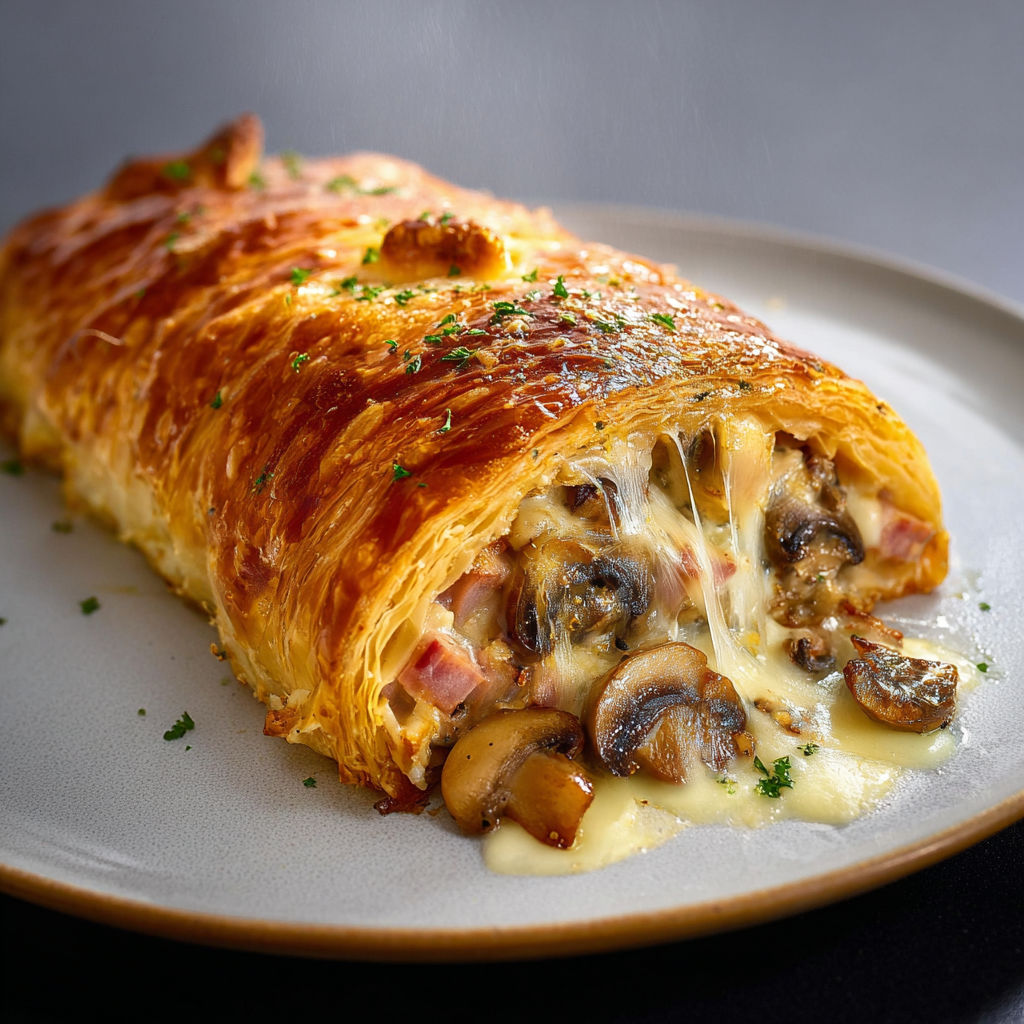 Feuilleté rustique au jambon fumé et champignons présenté sur plateau.