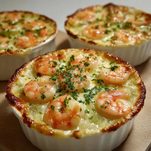 Cassolettes crémeuses avec crevettes et poireaux gratinés.