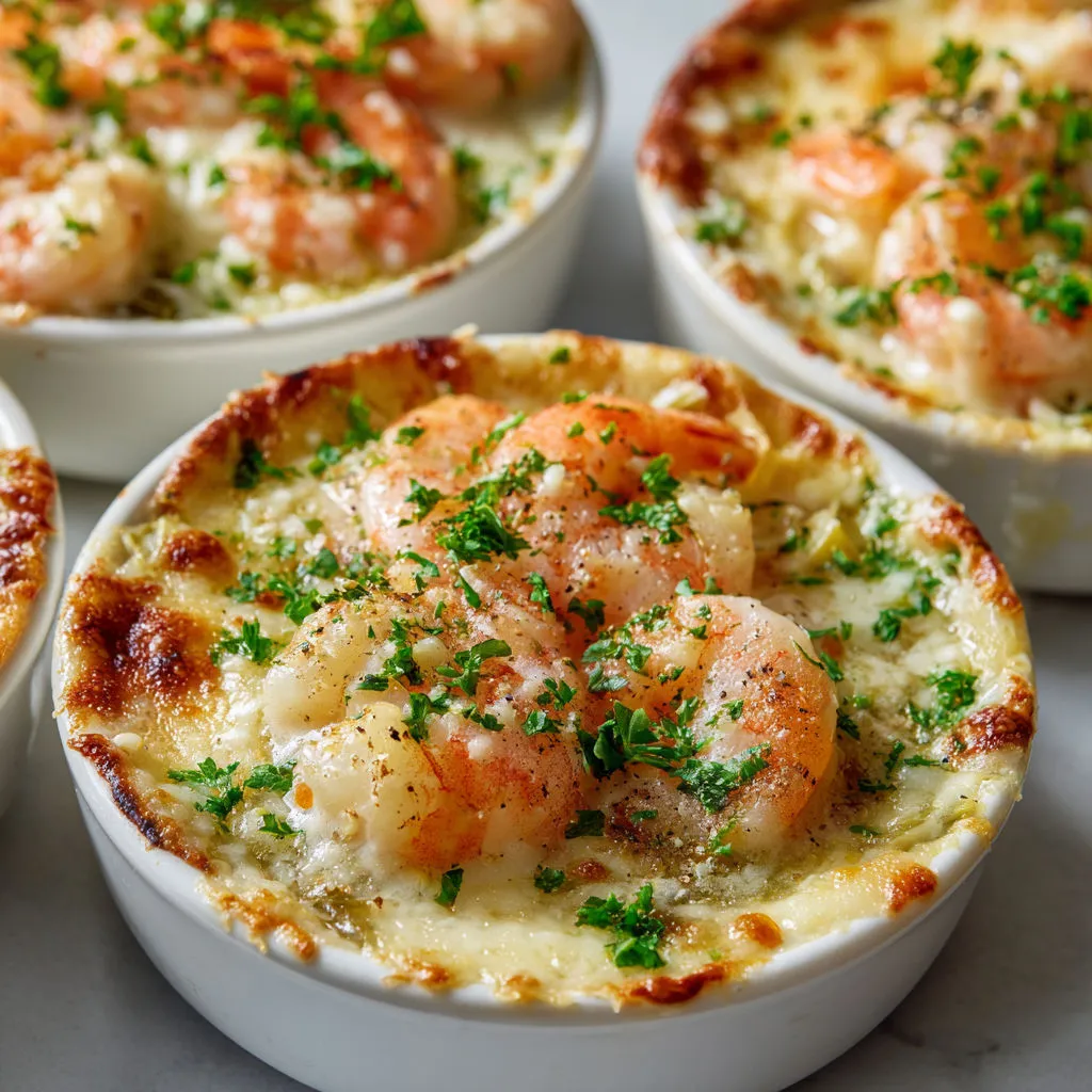 Cassolettes de crevettes et poireaux tout fondants gratinés à la crème.