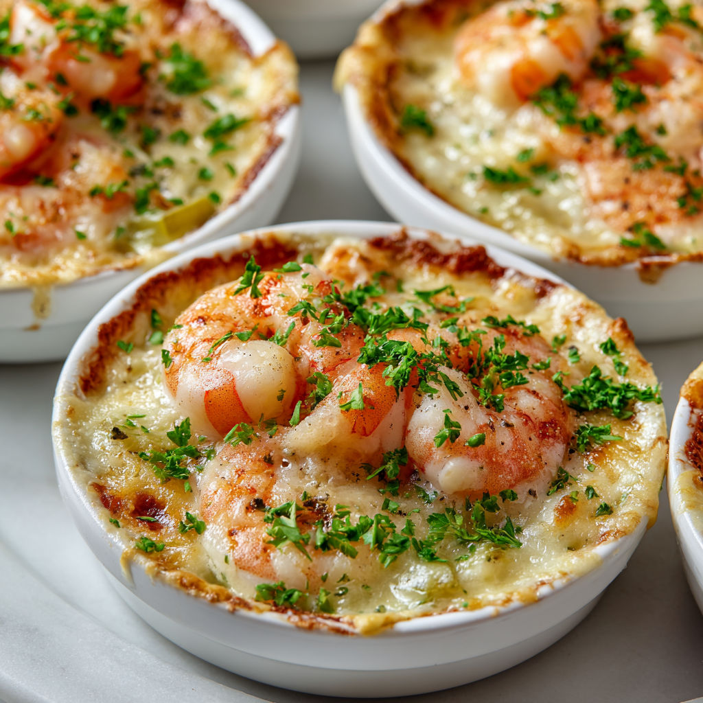 Cassolettes savoureuses aux crevettes, poireaux et sauce douce au vin blanc.