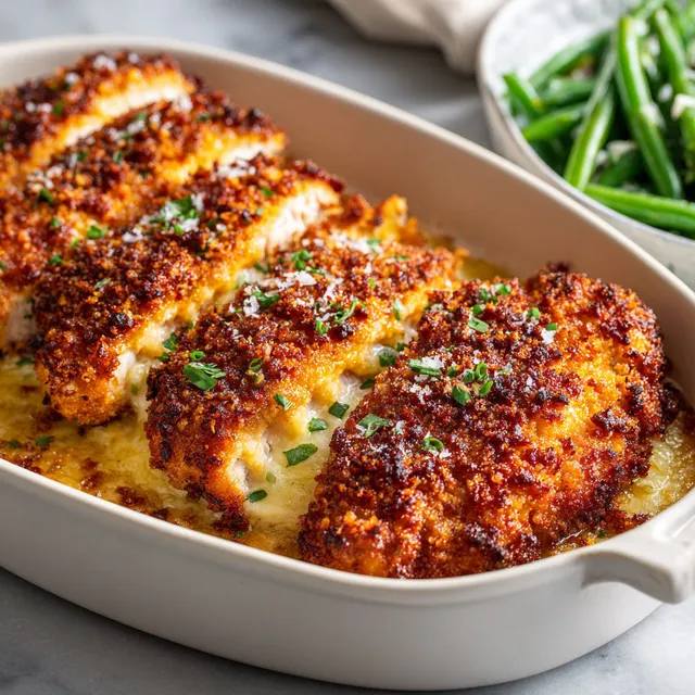 Plat en verre contenant un poulet doré croustillant au parmesan.