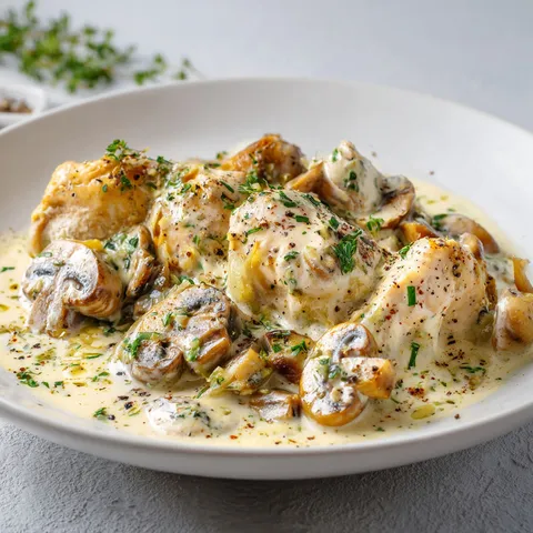 Un mijoté crémeux de poulet et champignons dans une assiette blanche.