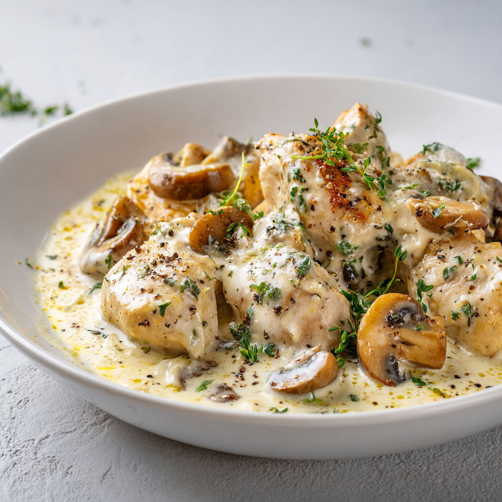 Un plat de poulet doré avec des champignons et herbes, nappé d'une sauce crémeuse.