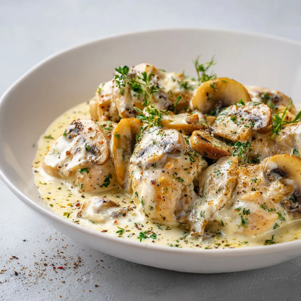 Une assiette de poulet, champignons et herbes avec une sauce onctueuse.