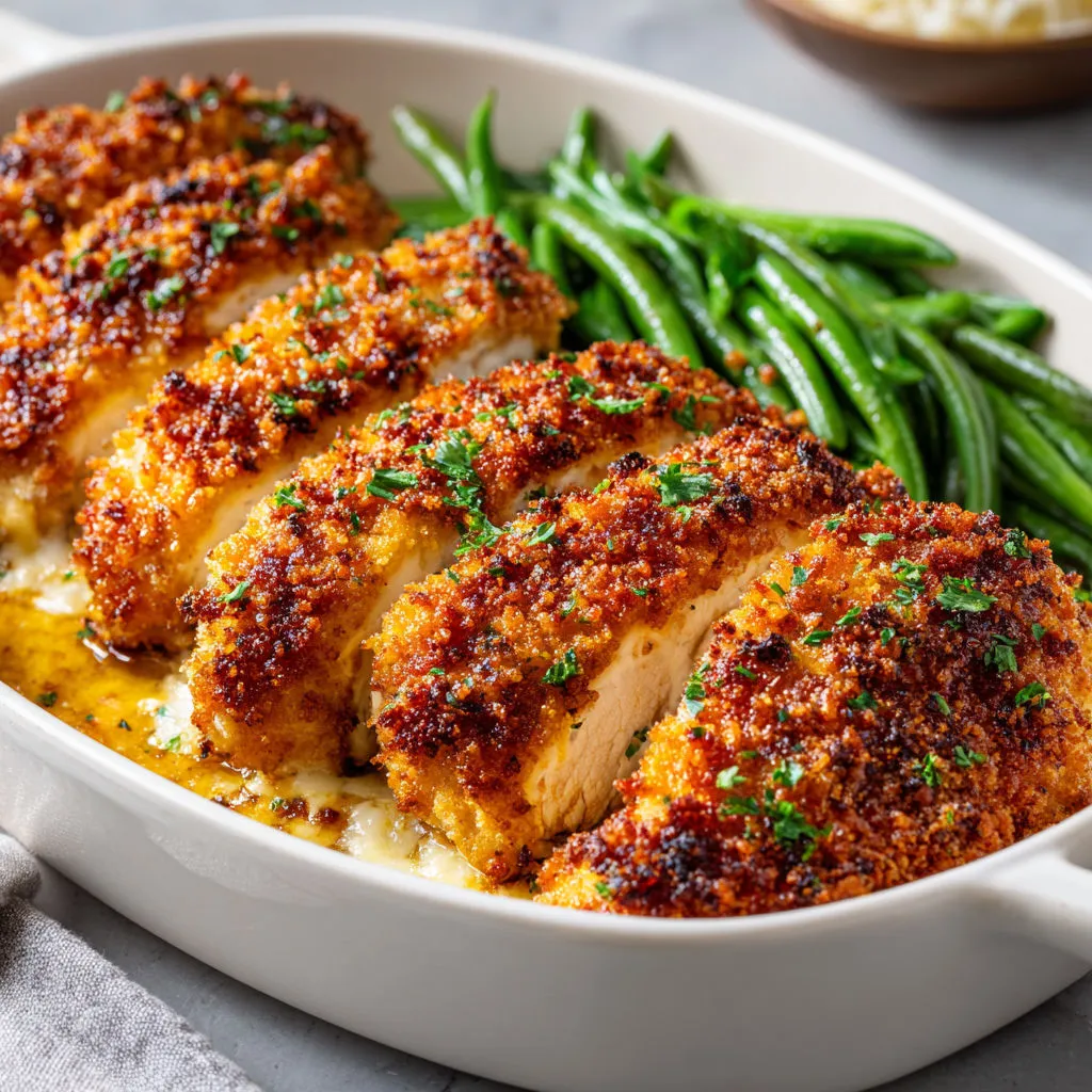 Un plat de poulet grillé, haricots verts et herbes fraîches.