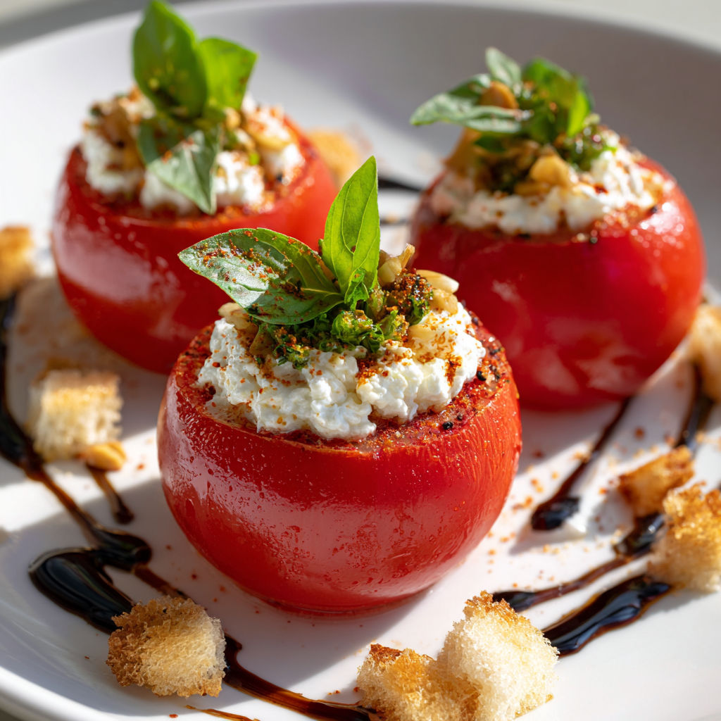 Tomates farcies à la stracciatella servies avec crostini et herbes fraîches.