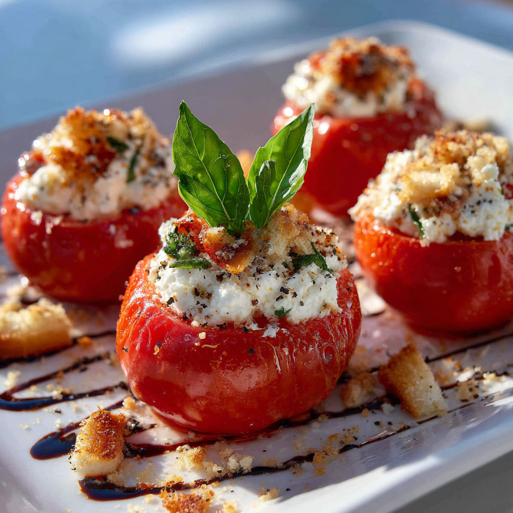 Tomates garnies avec herbes et croûtons sur une belle vaisselle blanche.