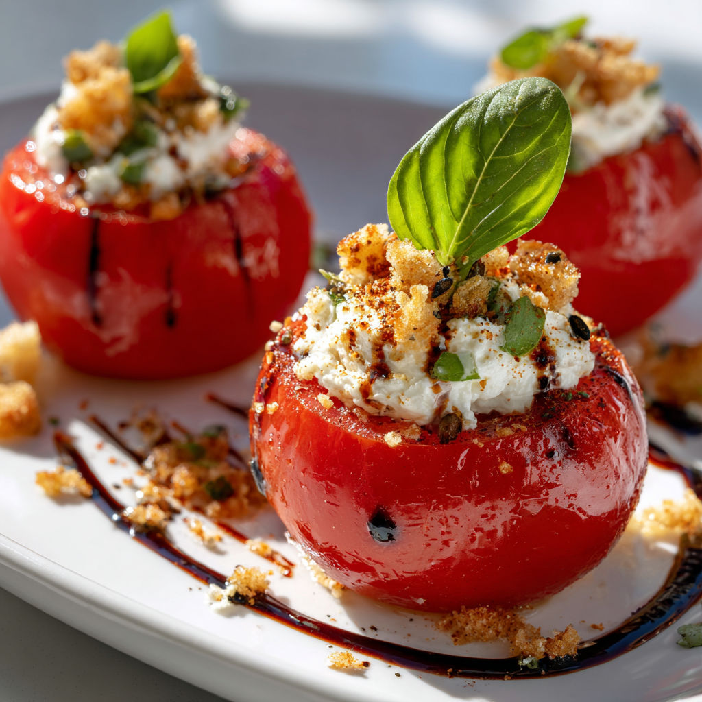 Tomates garnies avec herbes et croûtons sur une belle vaisselle blanche.