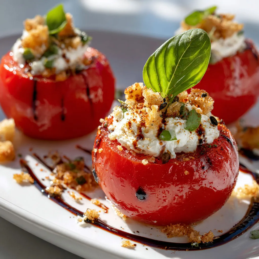 Tomates garnies avec herbes et croûtons sur une belle vaisselle blanche.