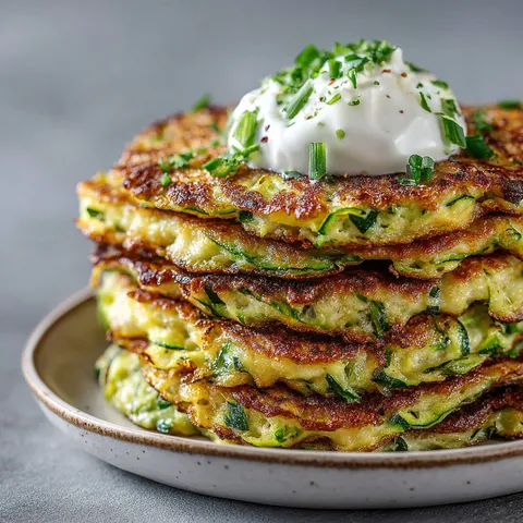 Crêpes légères et moelleuses à base de courgettes, empilées sur un plateau.