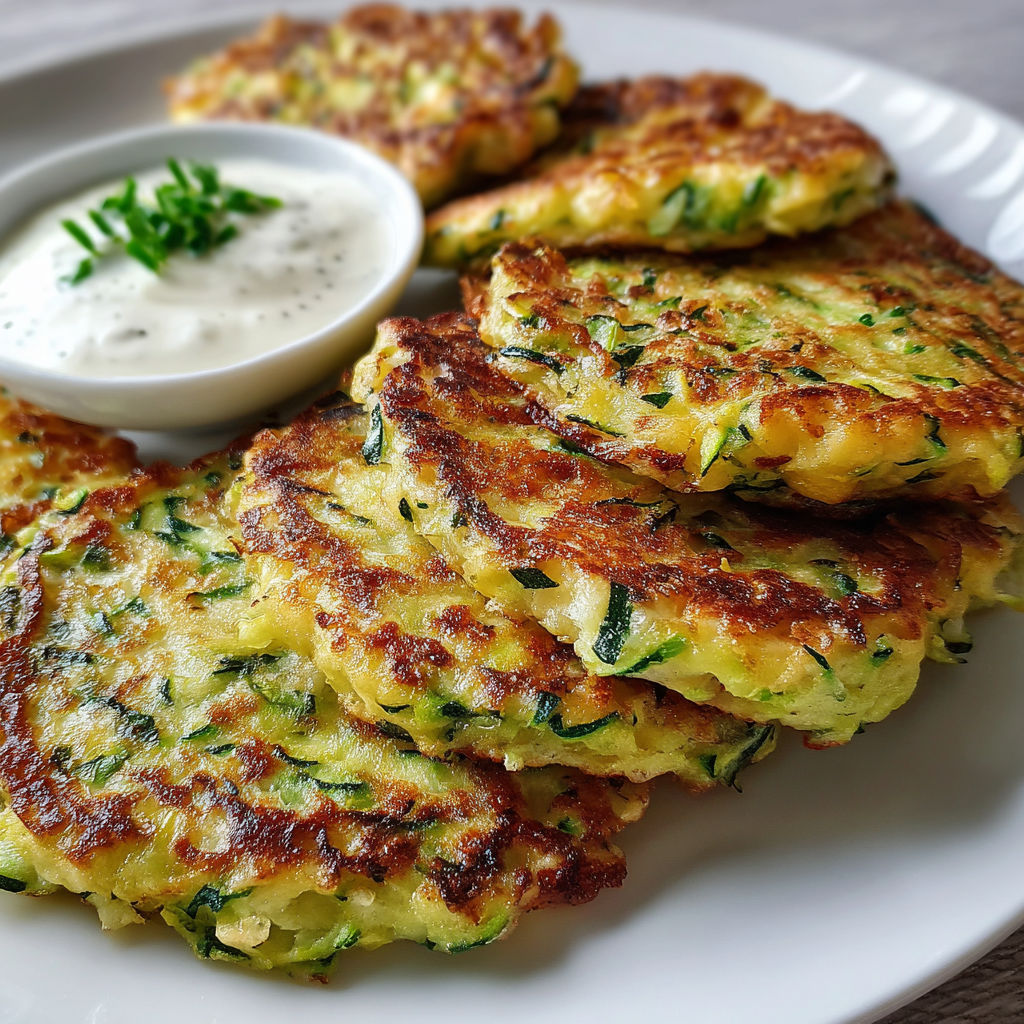 Une pile de galettes vertes à la pomme de terre sur une assiette, servies avec une sauce et des herbes fraîches.