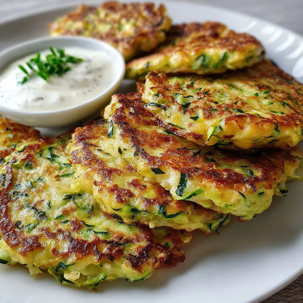 Une pile de galettes vertes à la pomme de terre sur une assiette, servies avec une sauce et des herbes fraîches.