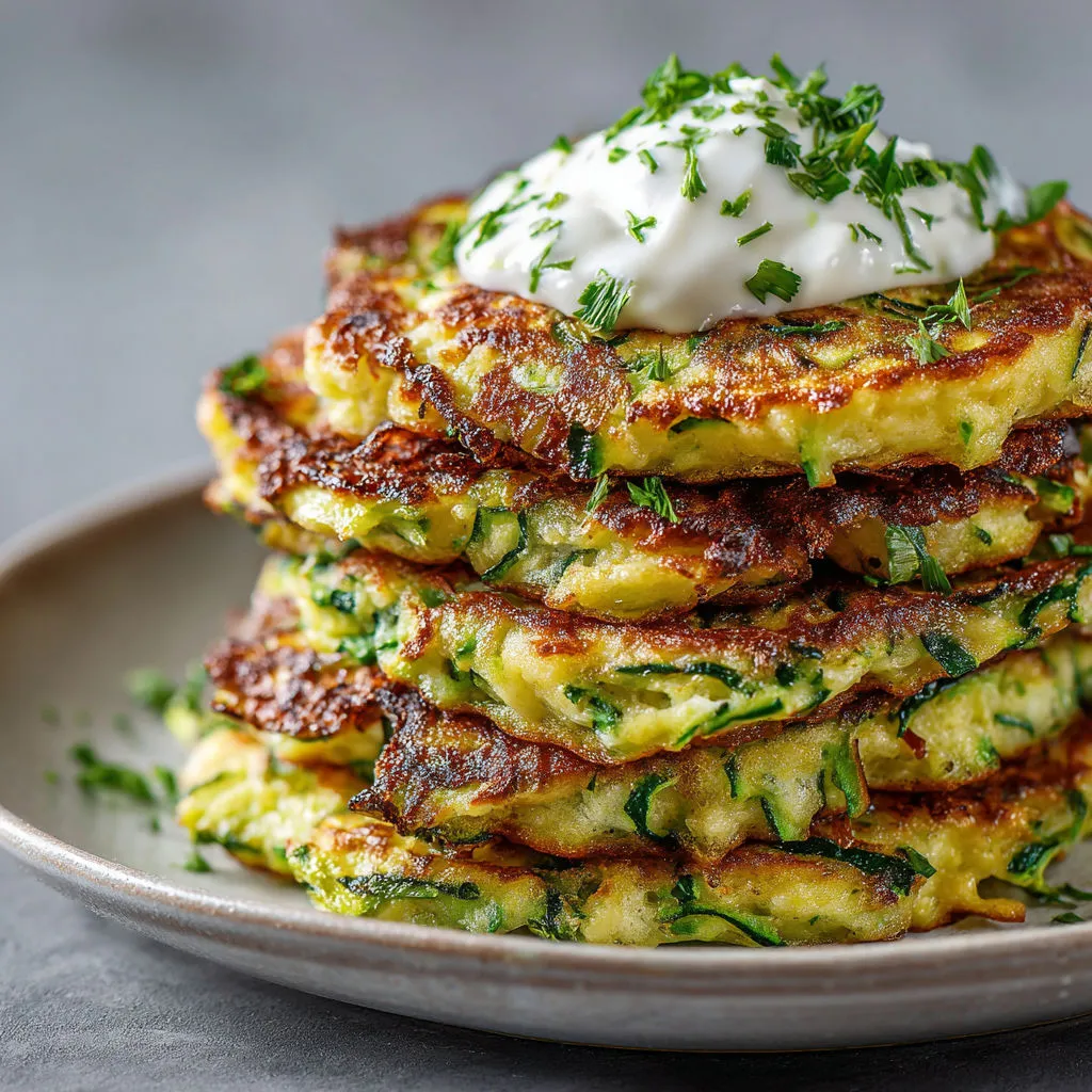 Des pancakes à la courgette bien empilés avec une sauce blanche par-dessus.