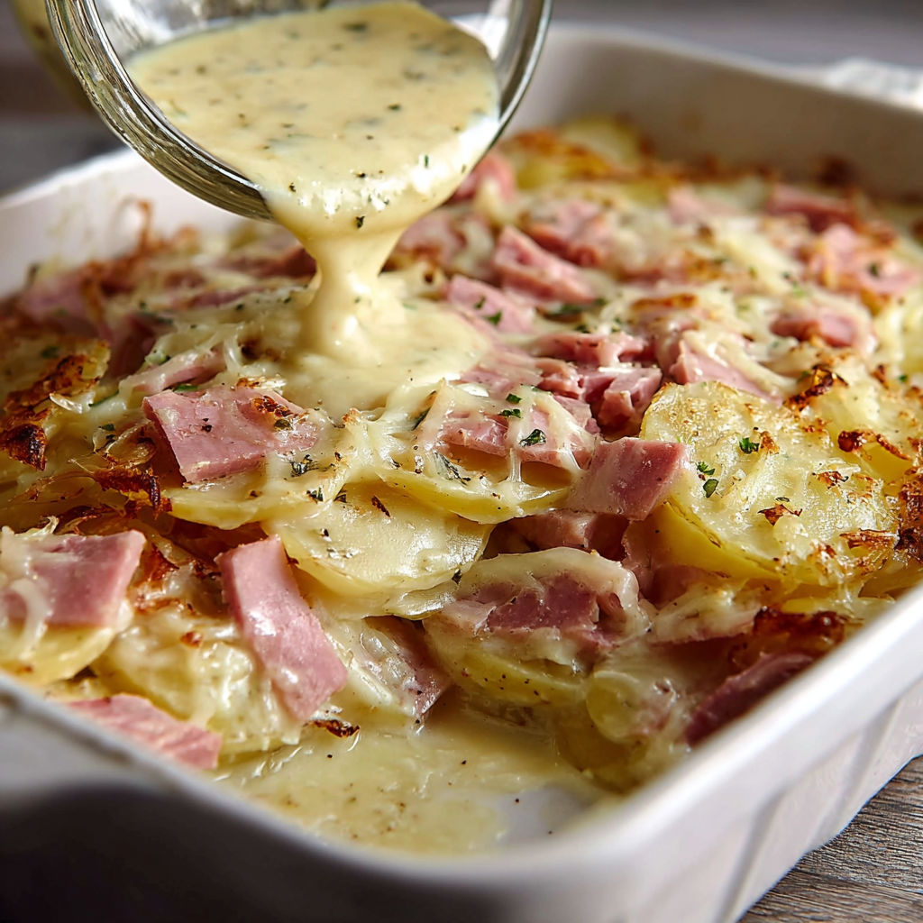 Un gratin doré de pommes de terre et jambon présenté dans un plat en verre.