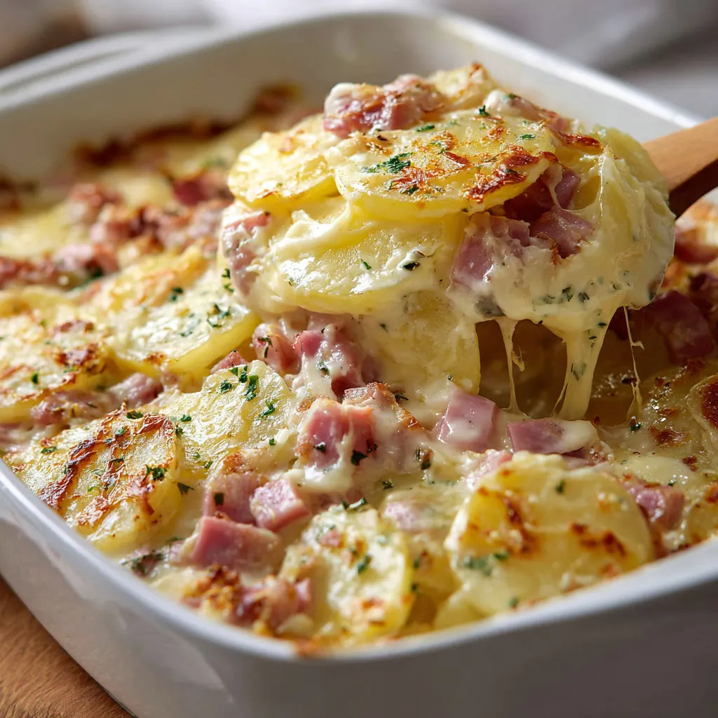 Tarte pommes bacon avec cuillère bois pour servir.