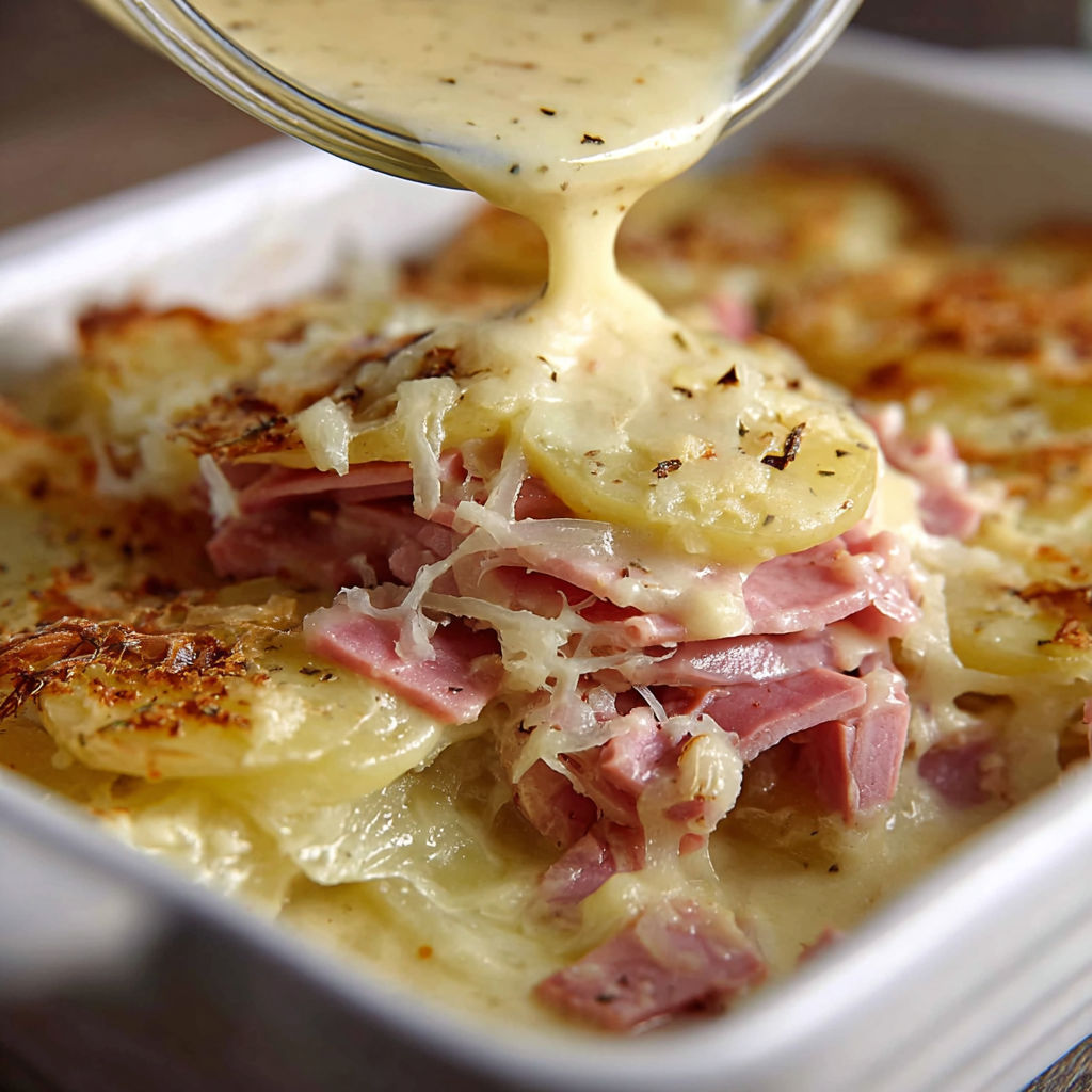 Plat de pommes de terre gratinées et lardons.