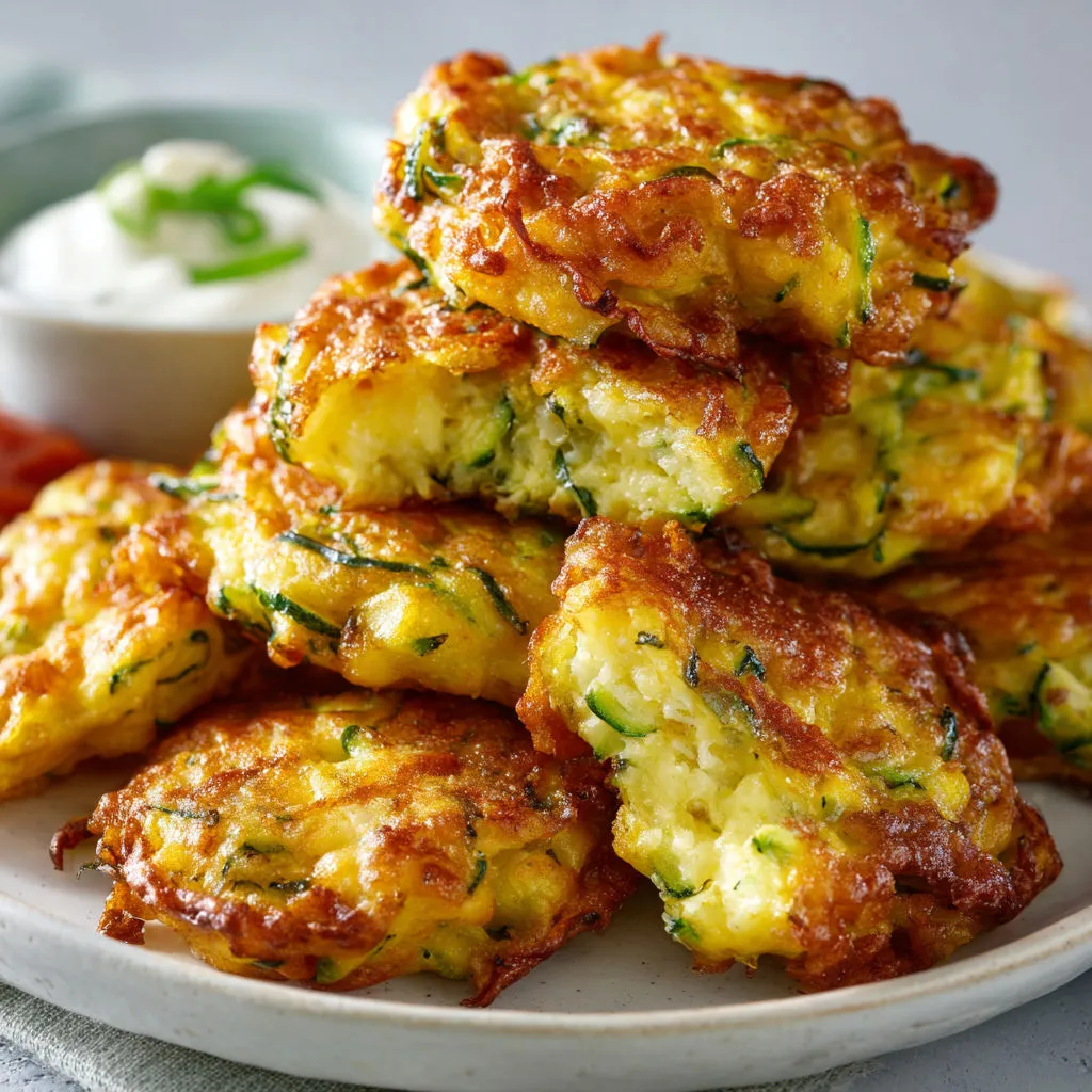 Beignets courgette cuillère servis sur un joli plat en porcelaine.
