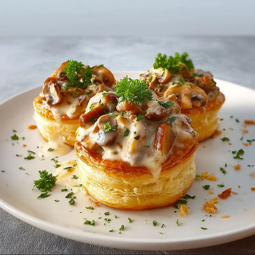 Une assiette présentant des Feuilletés au Poulet et Champignons.