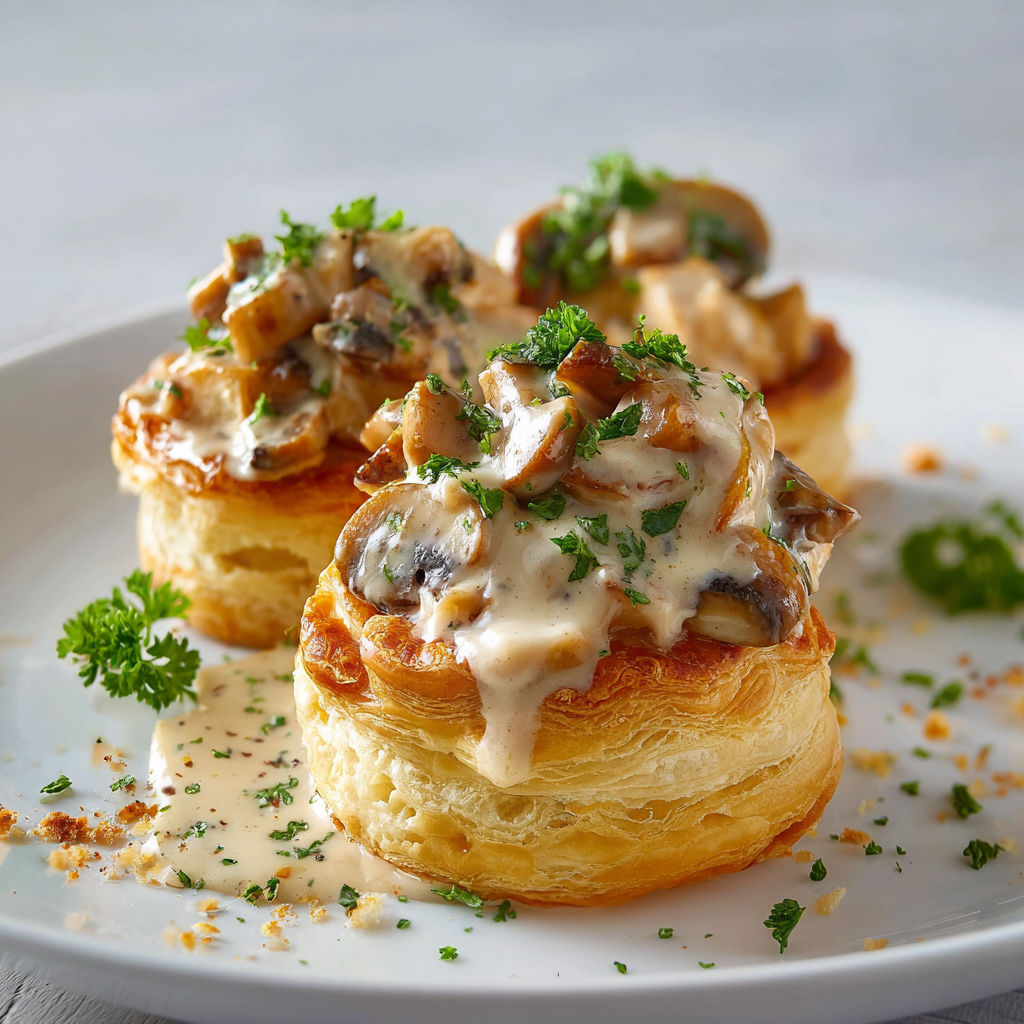Une tarte aux champignons sur un plateau avec des herbes fraîches.