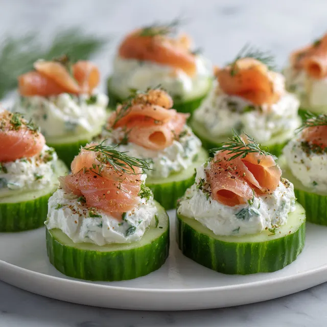 Plateau d'amuse-bouches au concombre, saumon et fromage frais.