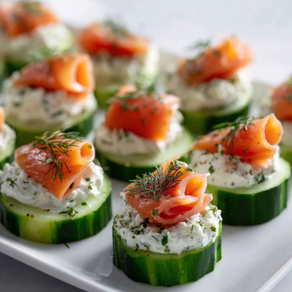 Une belle assiette de concombres garnis avec saumon et herbes fraîches.