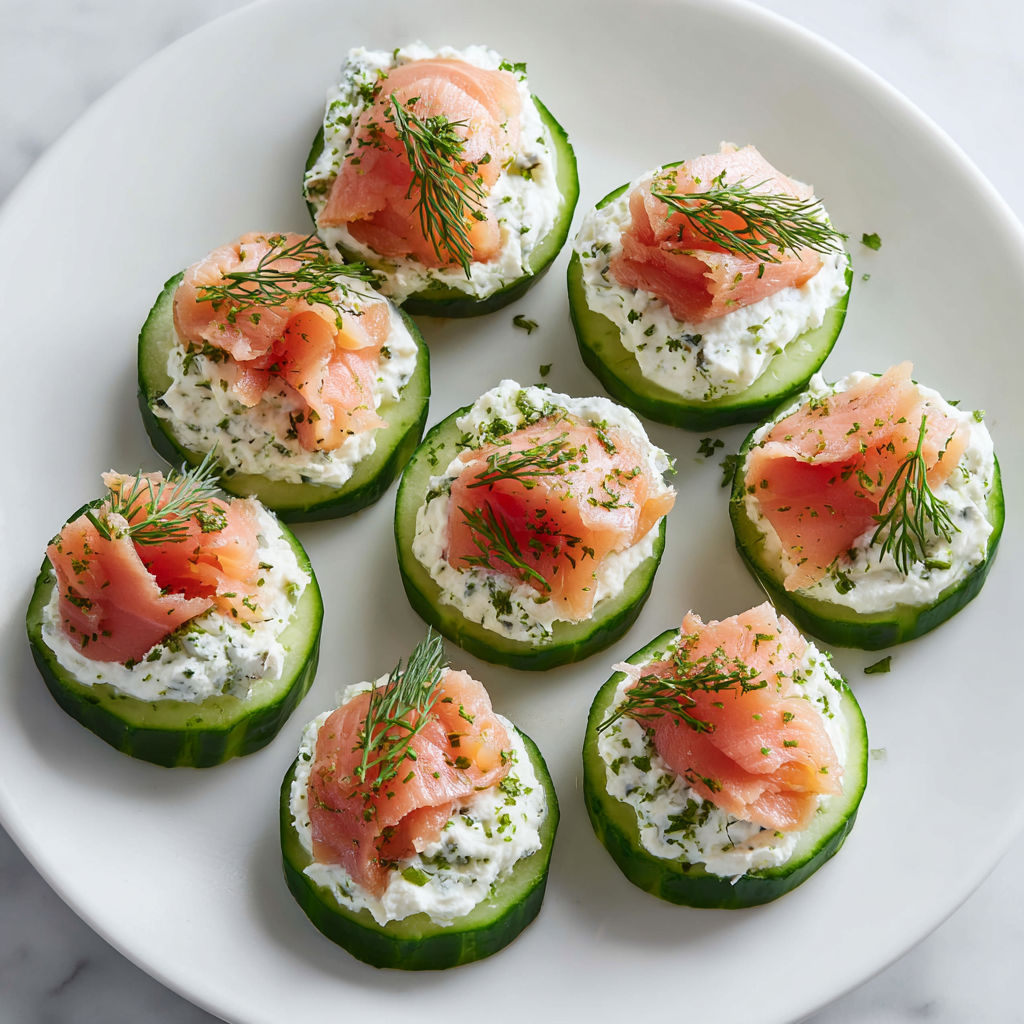 Assiette de concombres garnis avec du saumon et herbes fraîches.