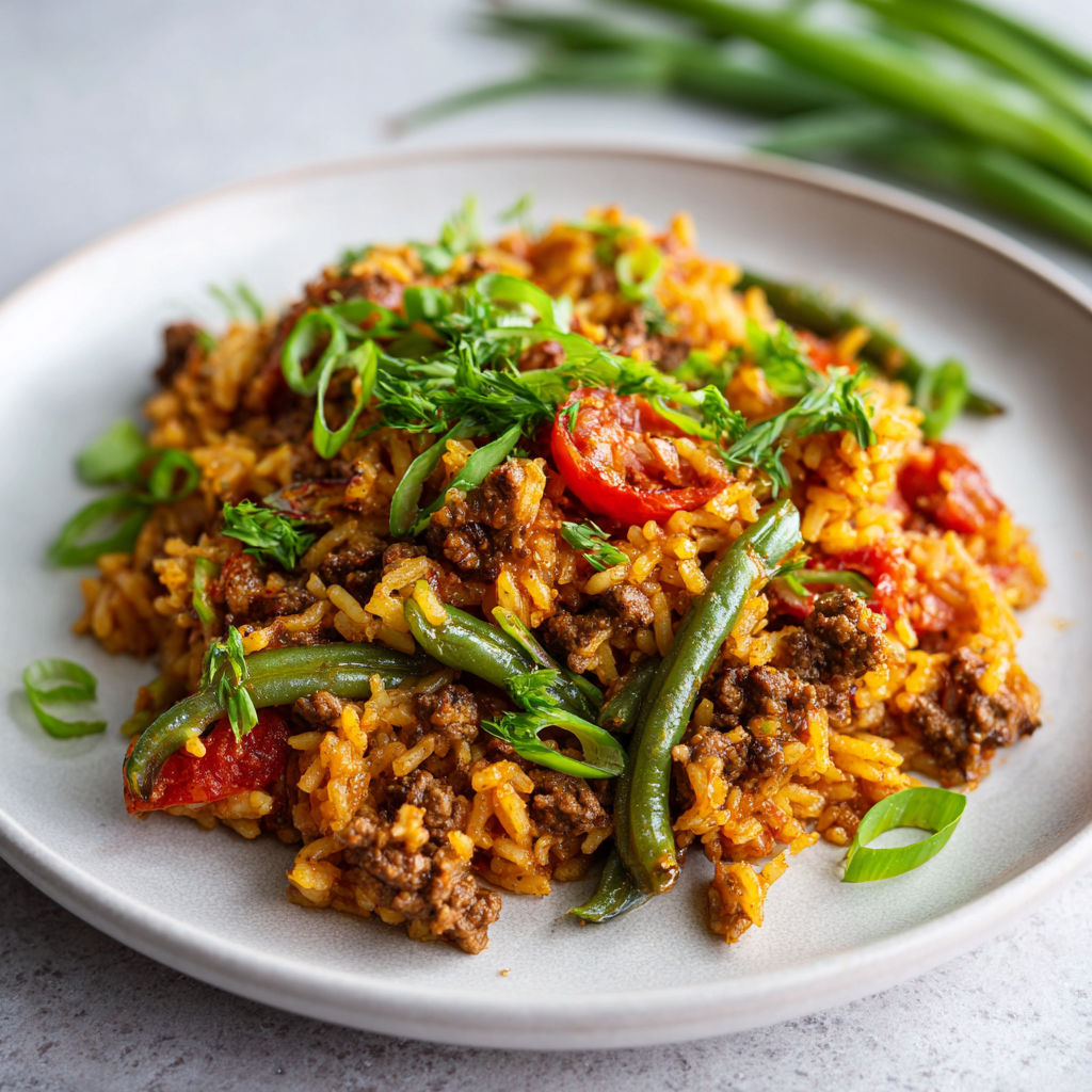 Un plat réconfortant de riz, boeuf et tomates prêt à être dégusté.