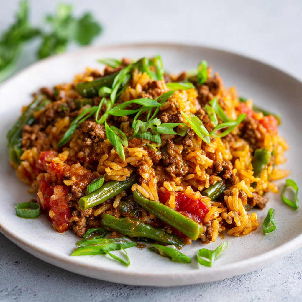 Une assiette de riz et légumes verts servie sur un plateau.