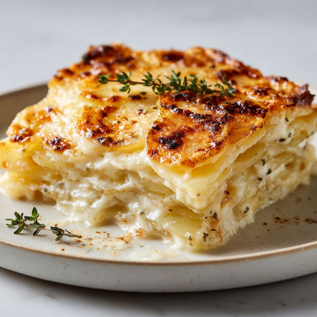 Un gratin richement doré servi sur une table rustique.