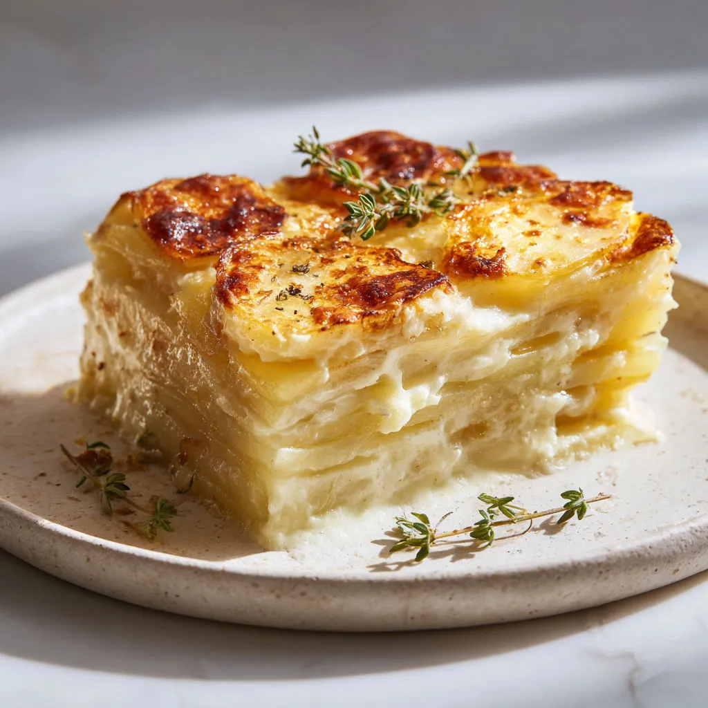 Un gratin dauphinois doré, garni d’herbes fraîches.
