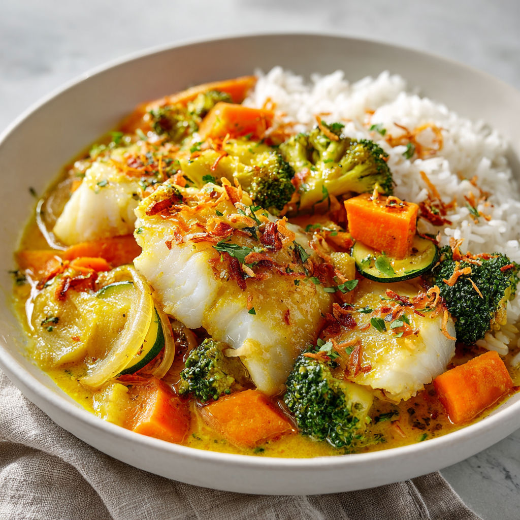Un délicieux plat de poisson avec une sauce aux arachides et des légumes colorés.