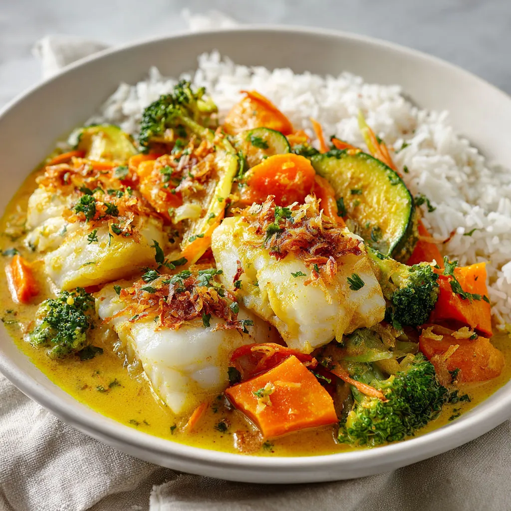 Plat de poisson et légumes colorés dans un bol, ambiance chaleureuse.