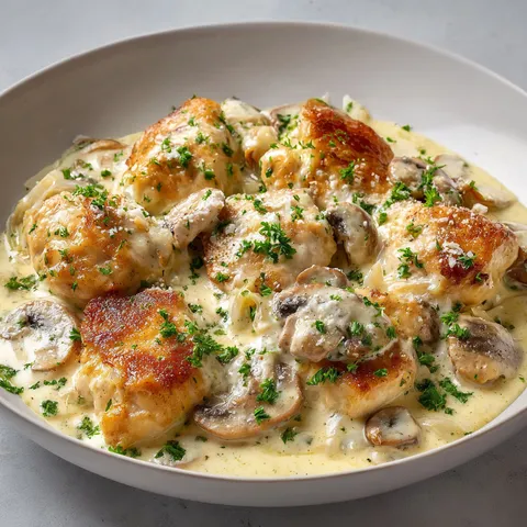 Assiette de poulet crémeux accompagné de champignons et d’herbes fraîches, sur une table claire.