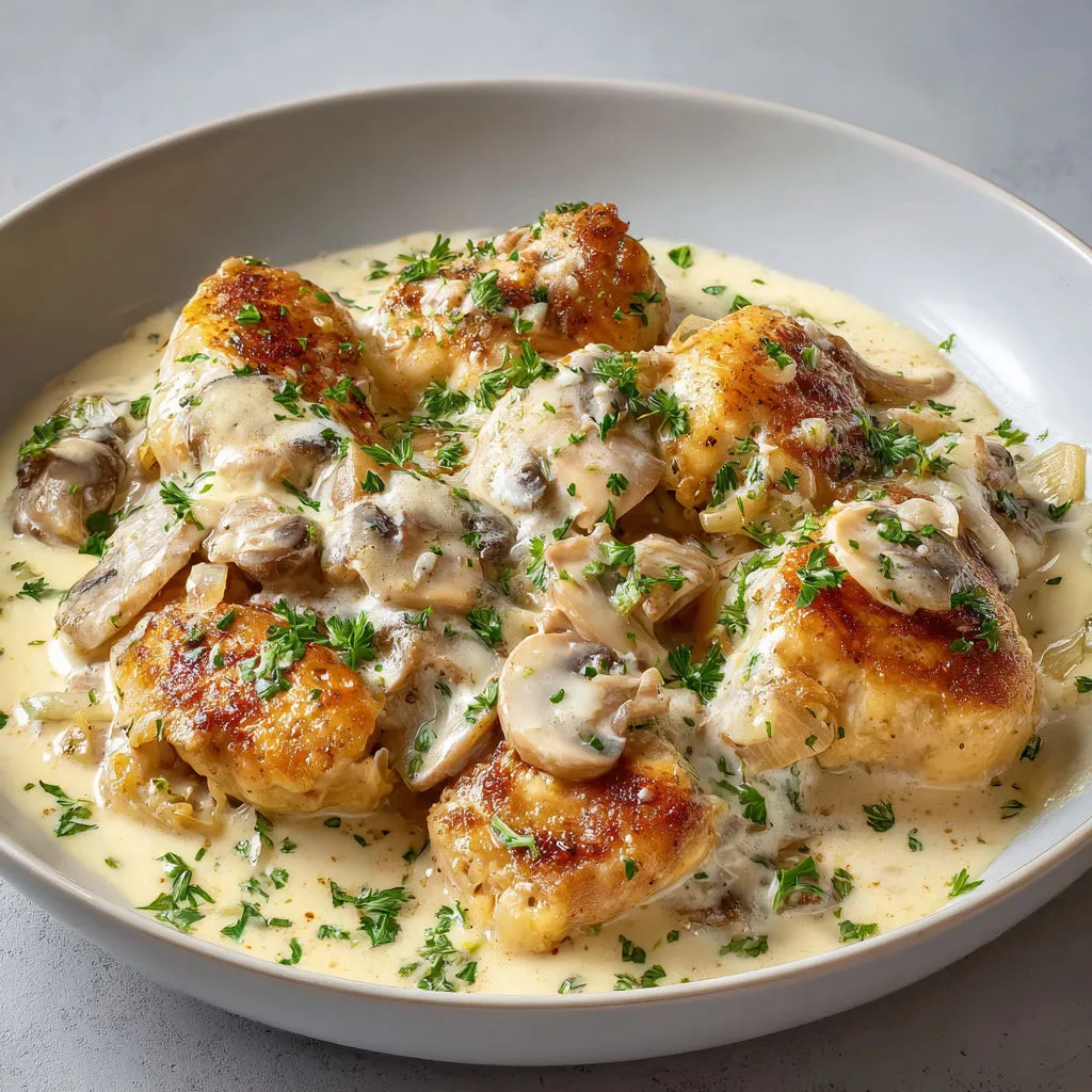 Une assiette de poulet nappée de sauce crémeuse, avec des herbes et des champignons sur une table.
