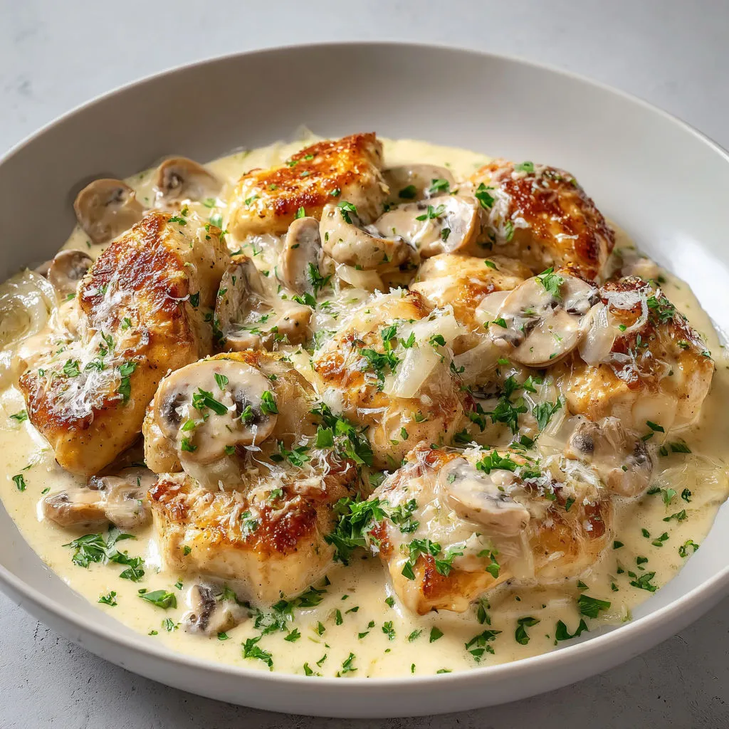 Une assiette de poulet recouverte de sauce à la crème et d’herbes, posée sur une belle table conviviale.