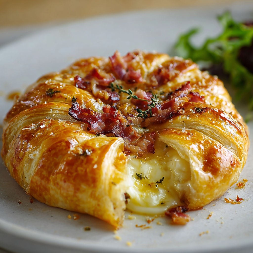 Un mélange gourmand de camembert et lardons dans un feuilleté doré.