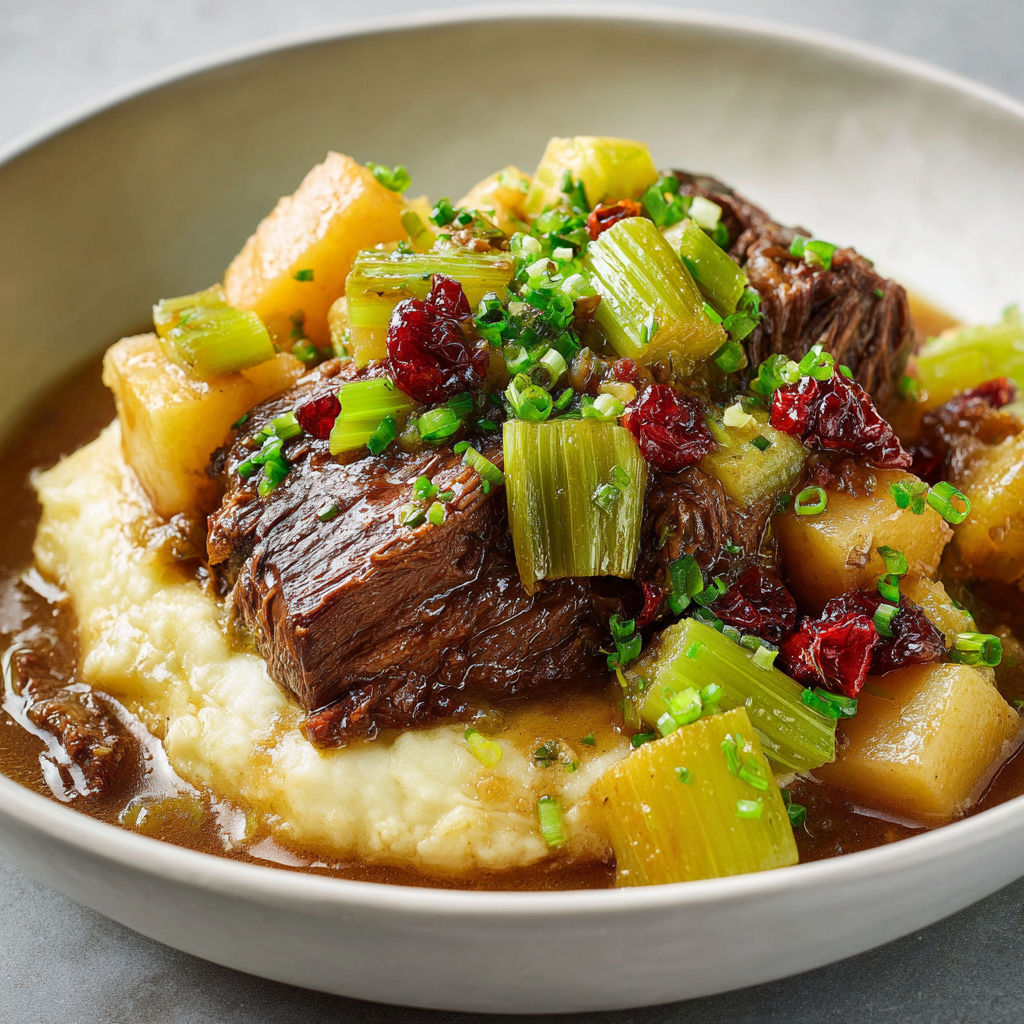 Assiette appétissante de boeuf mijoté avec céleris et légumes verts, accompagnée de purée de pommes de terre.