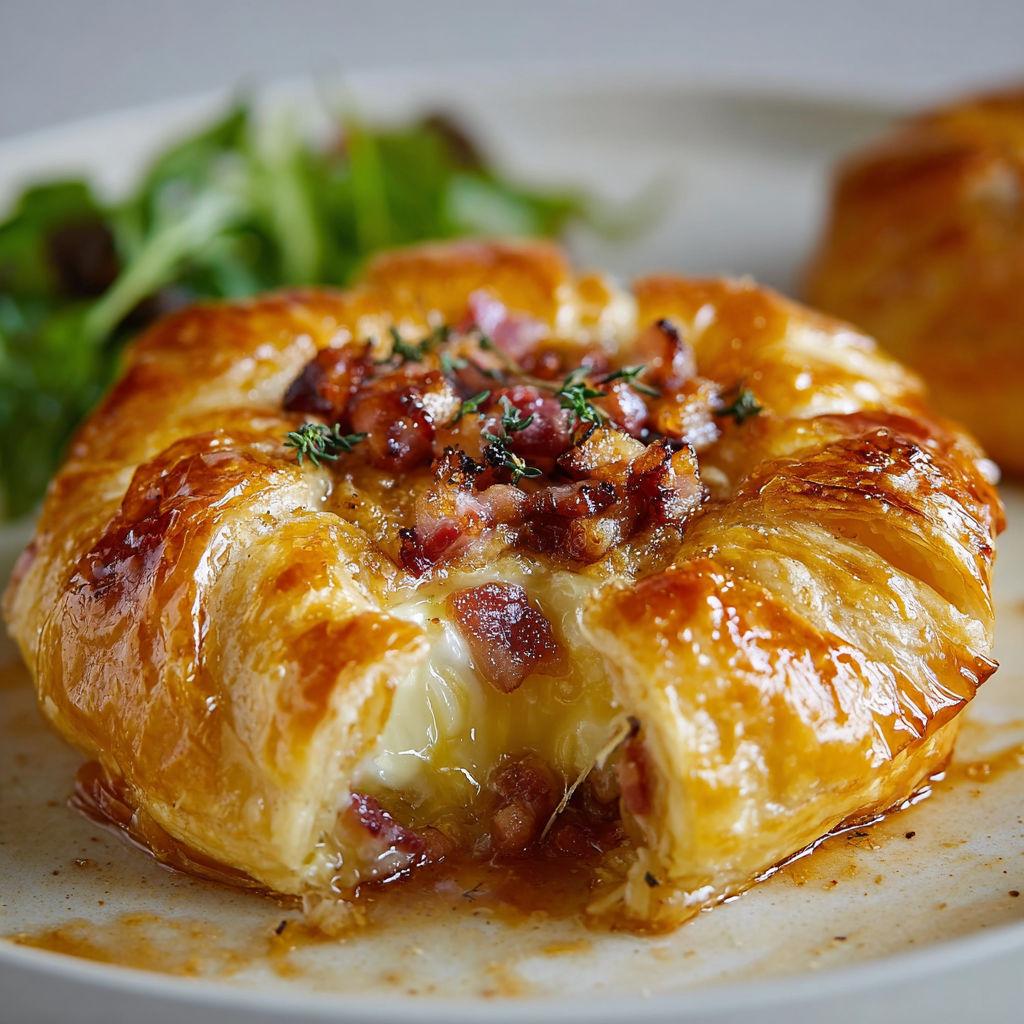 Une tarte salée au bacon et au fromage, servie avec de la salade verte sur un plateau.