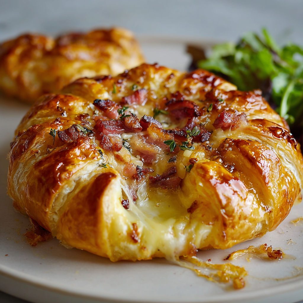 Une tarte salée bacon et fromage posée sur un plateau avec salade verte.