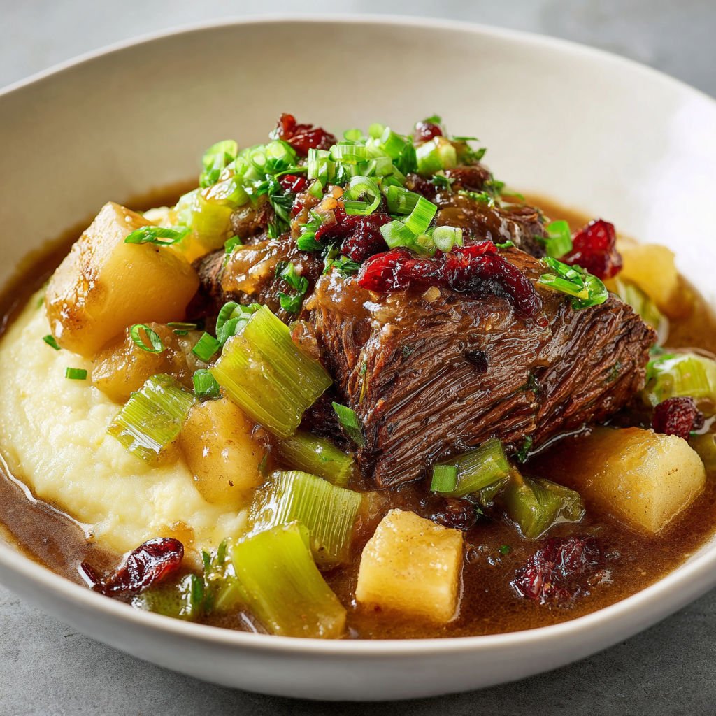 Un plat de bœuf mijoté en sauce, quelques légumes verts et de la purée.