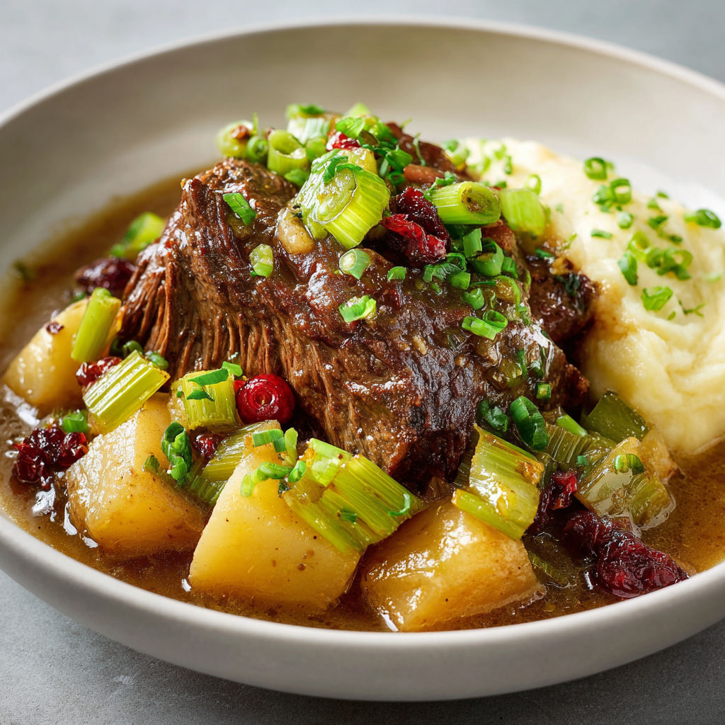 Un plat de bœuf grillé en sauce avec des légumes verts et de la purée.