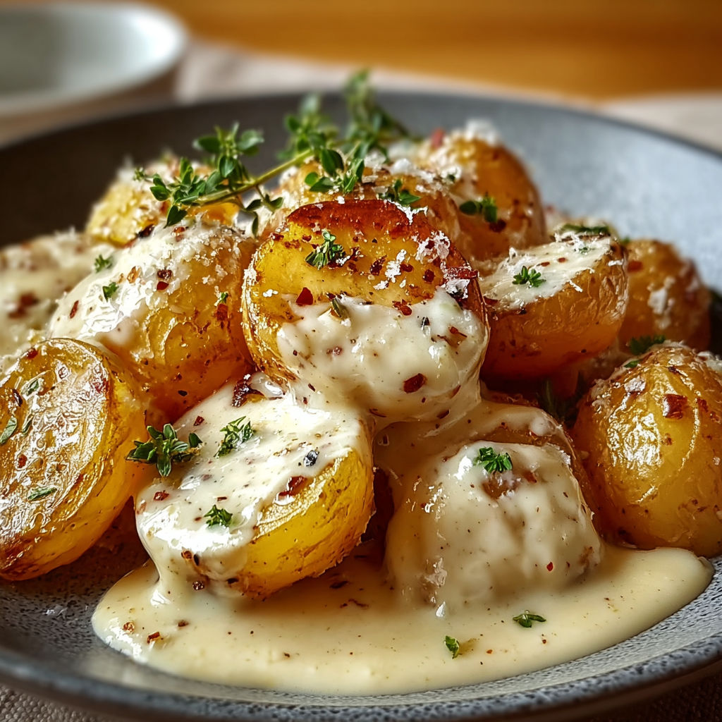 Un plat de grenaille dorées avec une sauce à l'ail crémeuse.