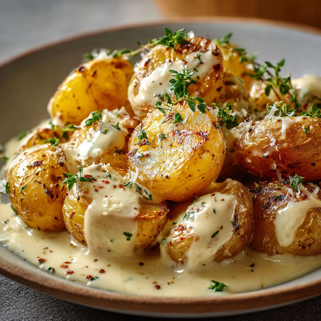 Pommes de terre gratinées, dégoulinantes de fromage et d’herbes, baignées dans une sauce crémeuse.