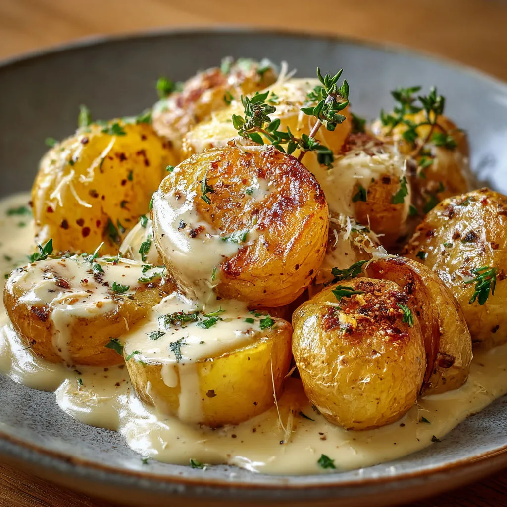 Des pommes de terre gratinées nappées de sauce crémeuse au beurre et herbes fraîches.