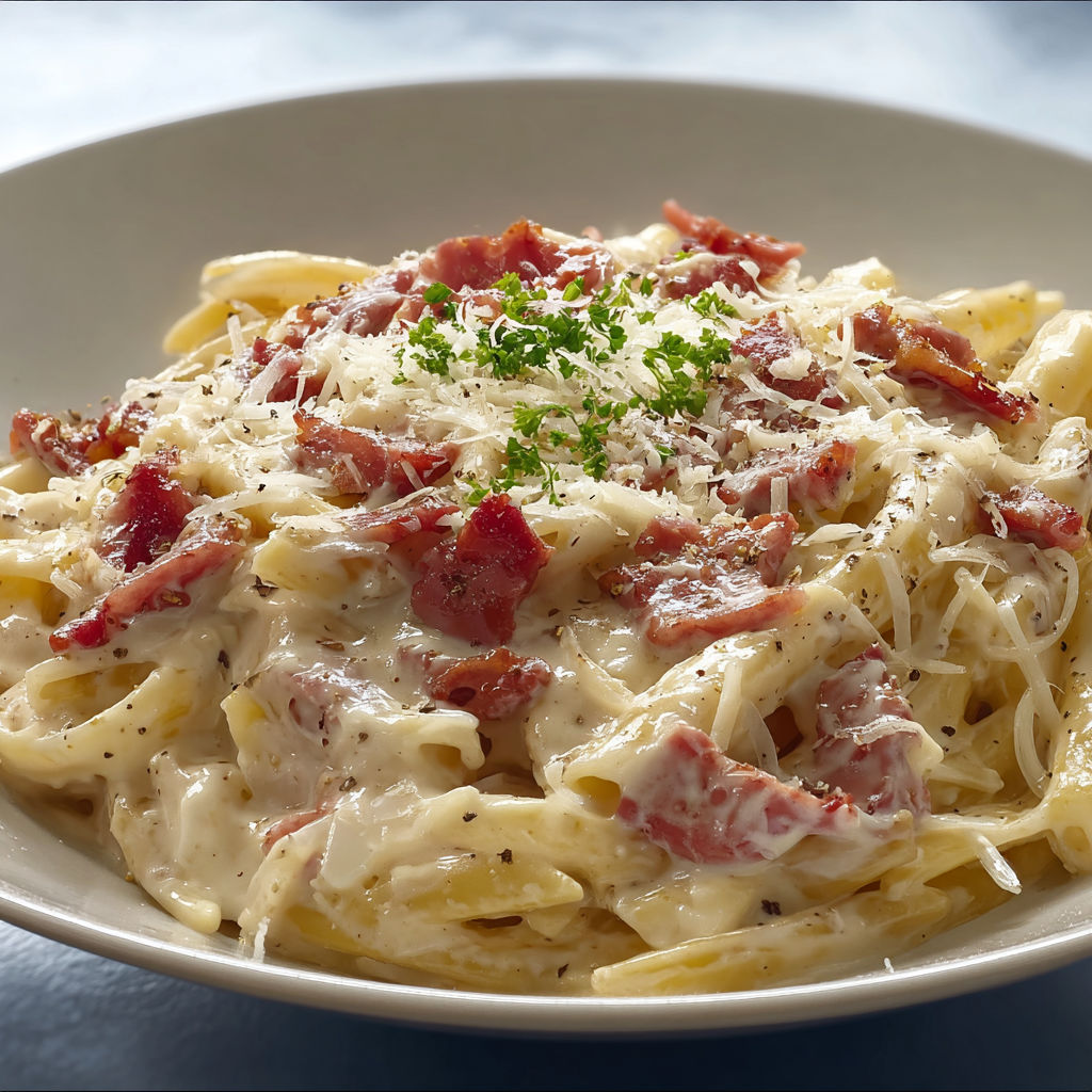 Pâtes nappées de crème avec lardons dorés, servies avec des herbes fraîches.