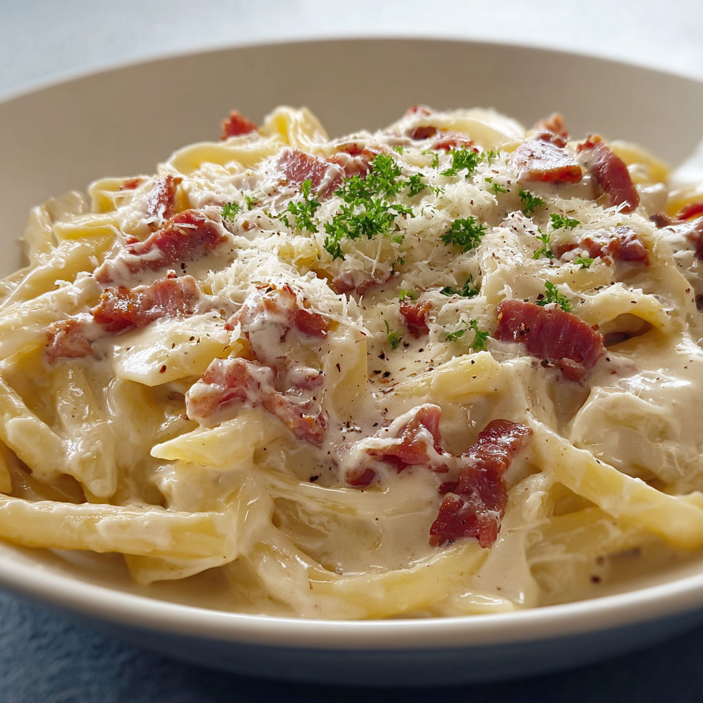 Pâtes à la crème et lardons fumés dans l’assiette avec des herbes fraîches et bacon fumé.
