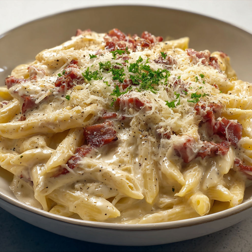 Jolie assiette de pâtes à la crème, lardons fumés et herbes fraîches dessus.